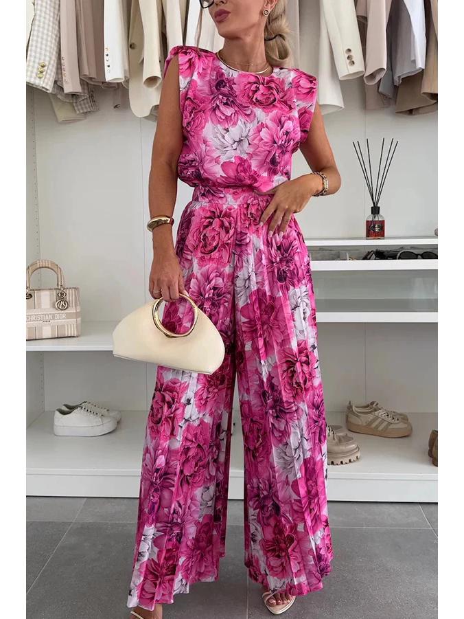 Женская мода 2025 года, кросс-граничная: Комплект из двух предметов: топ без рукавов с круглым вырезом и плиссированные брюки широкого кроя.