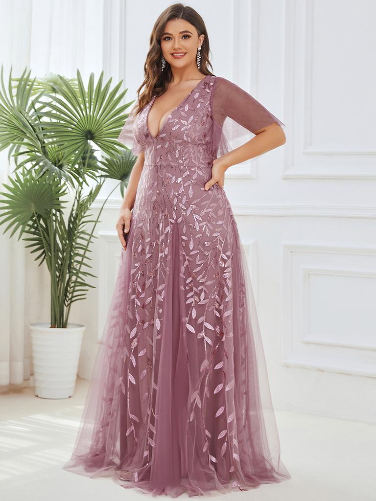 Ever-Pretty Womens Plus Size V Neck A Line Sequin Tulle Formal Dresses