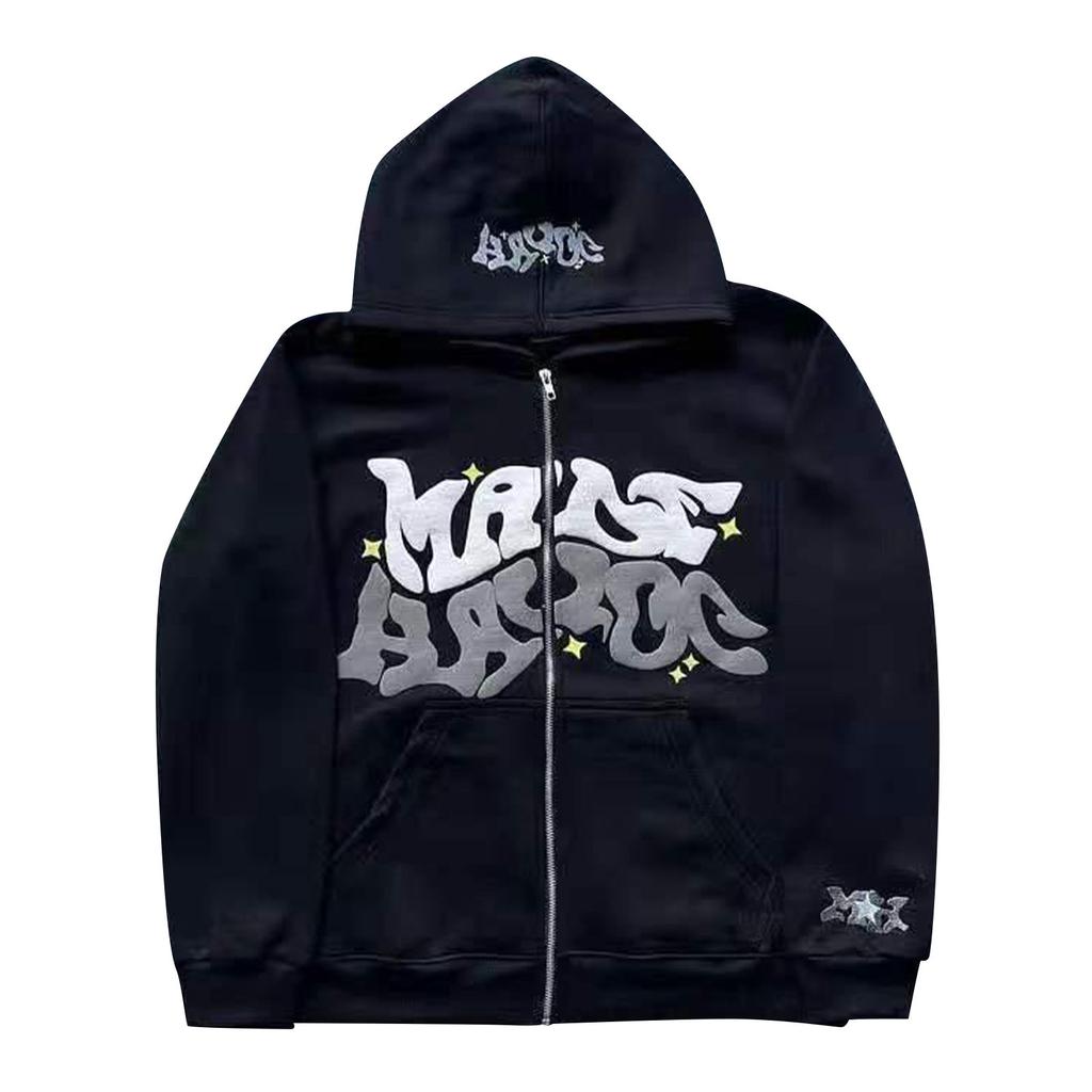 Модный свободный мужской и женский свитер с капюшоном с длинным рукавом и принтом