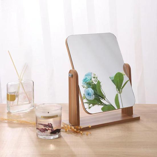 360 Degrees Rotatable Makeup Mirror with Wooden Base High Clarity Men Women Desktop Vanity Mirror Portable Travel Rectangle Cosmetic Mirror