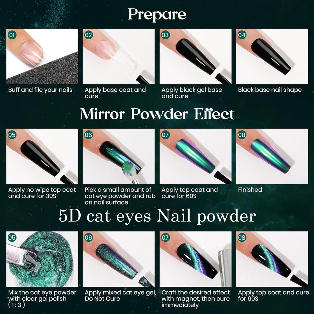 5D Magic Mirror Effect Cat Eye Powder Magnetic Nail Glitter Pigment Manicure Holographic Chrome Dust Can Use With Polish Gel