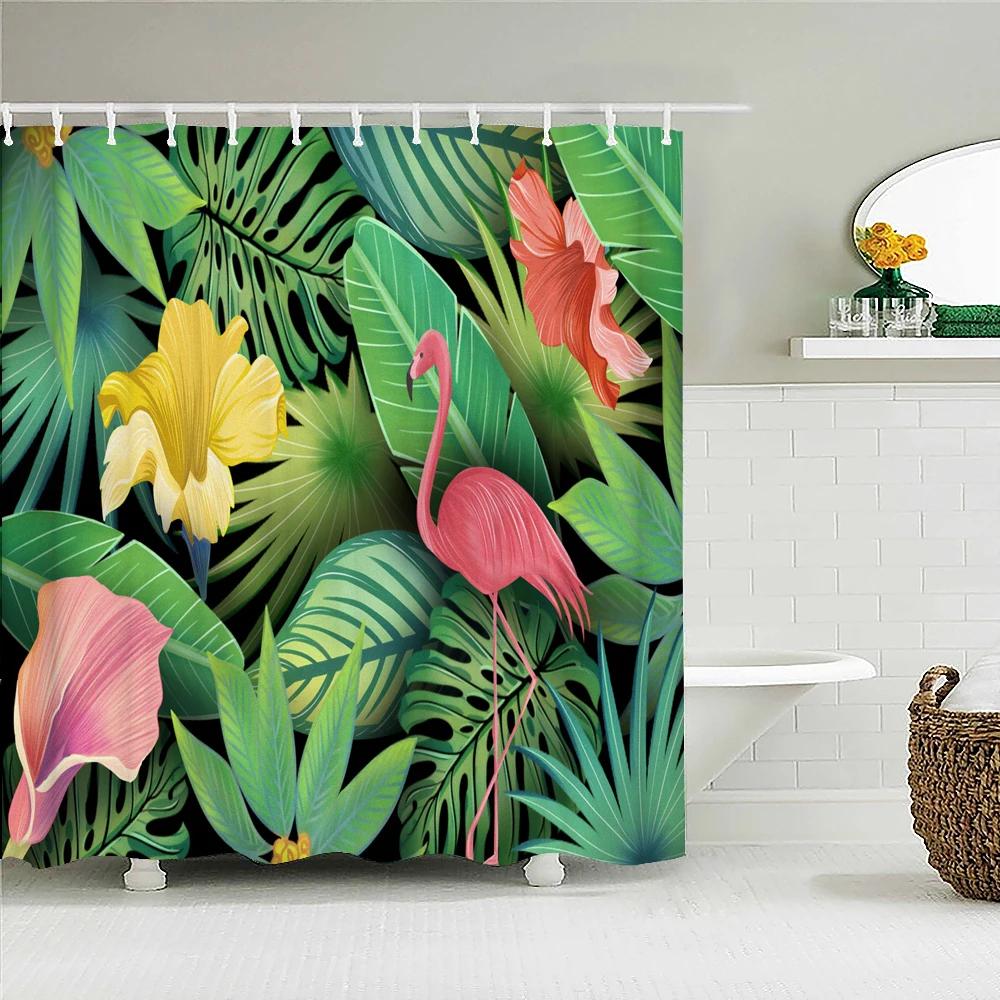 Tropical Plant Leaves Bath Curtain Waterproof Fabric Shower Curtains Colorful Palm Leaf Print Bathtub Screen for Bathroom Decor