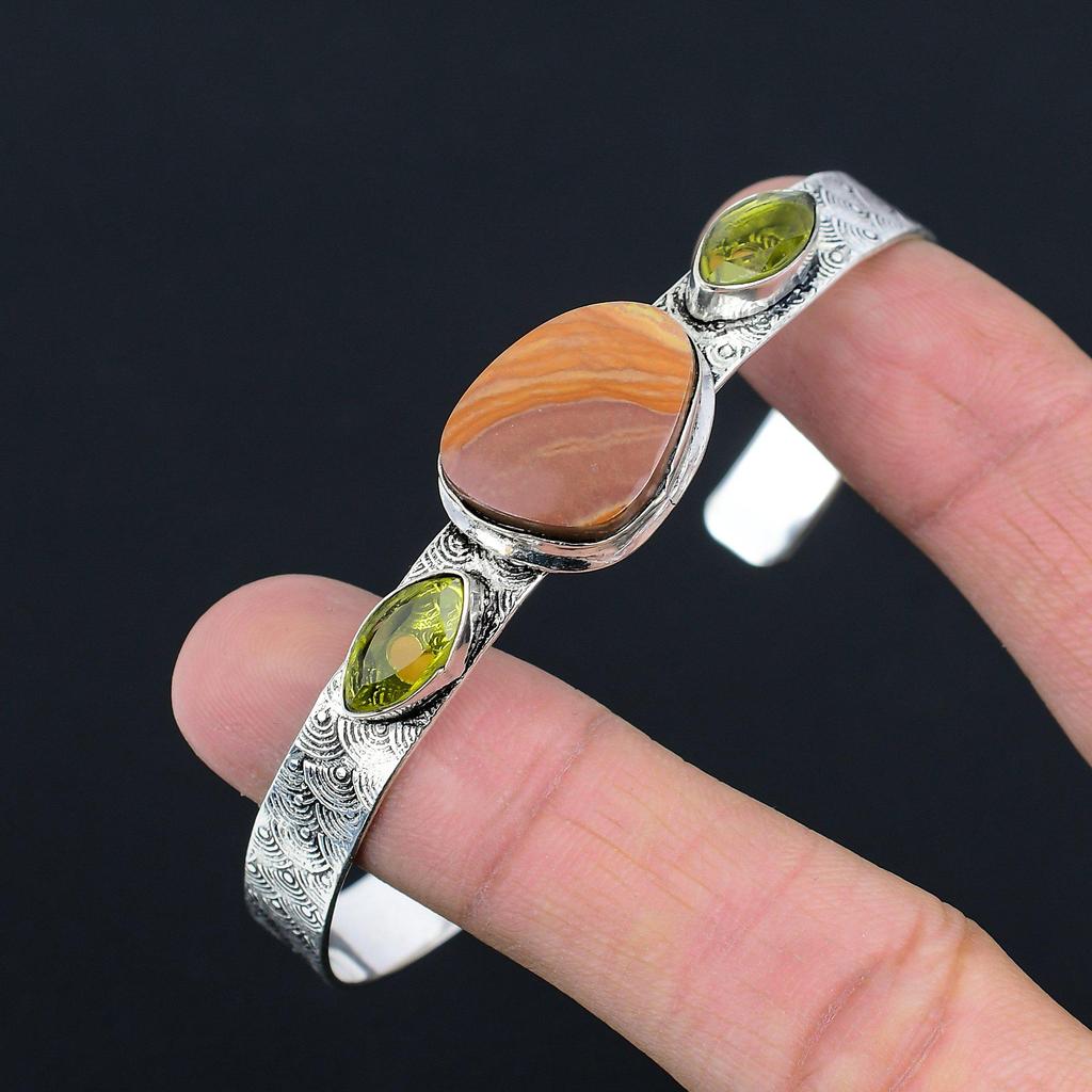Anniversary Gift For Her Natural Landscape Jasper Bangle Adjustable 925 Silver