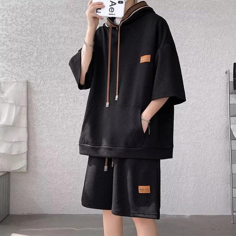 Плюс размер 8XL унисекс летний повседневный свитер с капюшоном костюм шорты с короткими рукавами из двух частей рукава три четверти