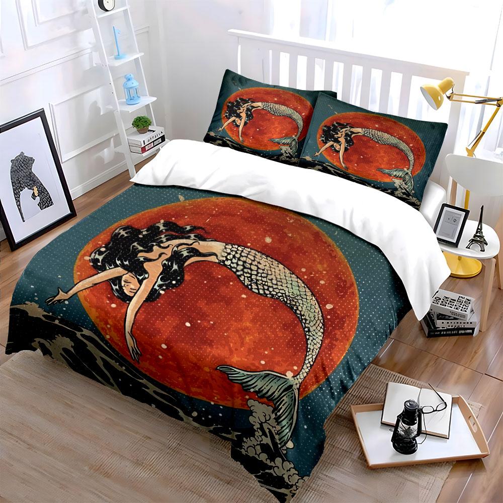 Mermaid and Red Moon Waves Bedding Duvet Cover Set Duvet Cover Pillowcases (1*Duvet Cover 2*Pillowcases, without duvet insert)