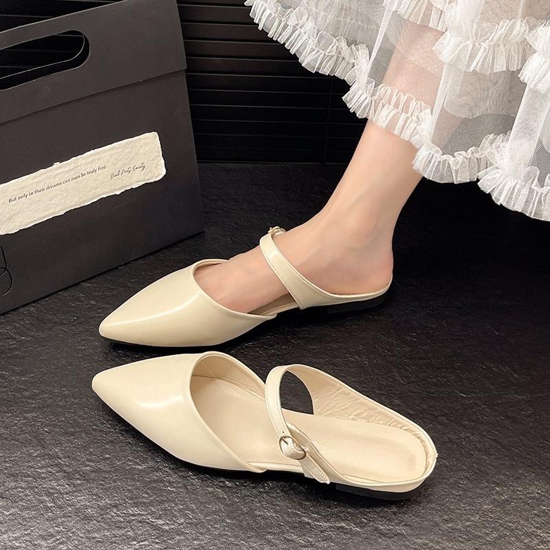 Fashion Pointed Toe Back Empty Slippers Women Baotou Shallow Mouth One Strap Soft Slip Non-Slip Low Heel Half Drag