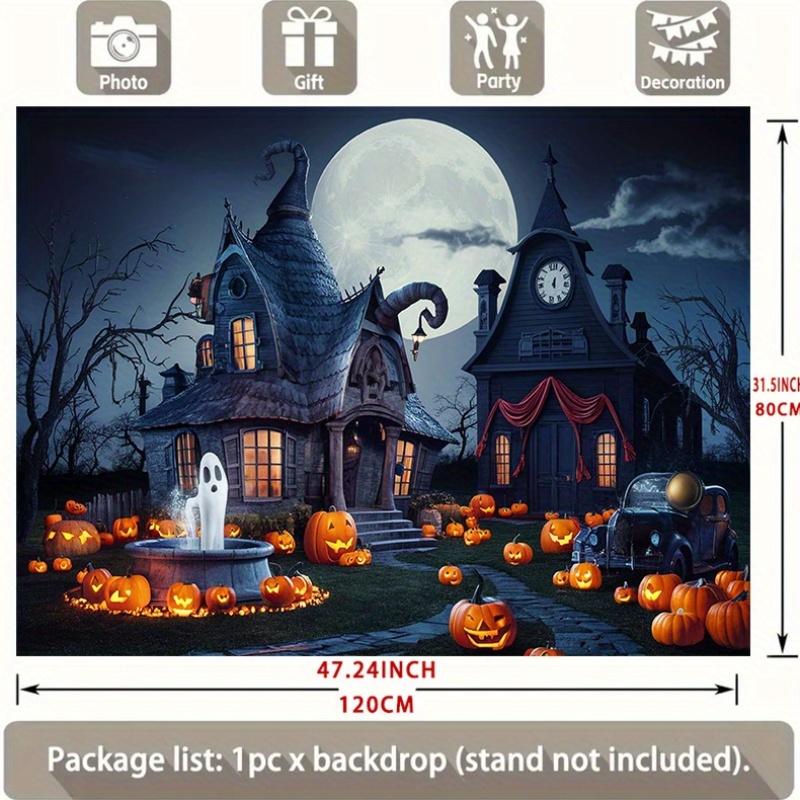 1pc Terrifying Halloween Polyester Banner - Wizard House Ghosts Pumpkins and Moonlit Cemetery Scenes