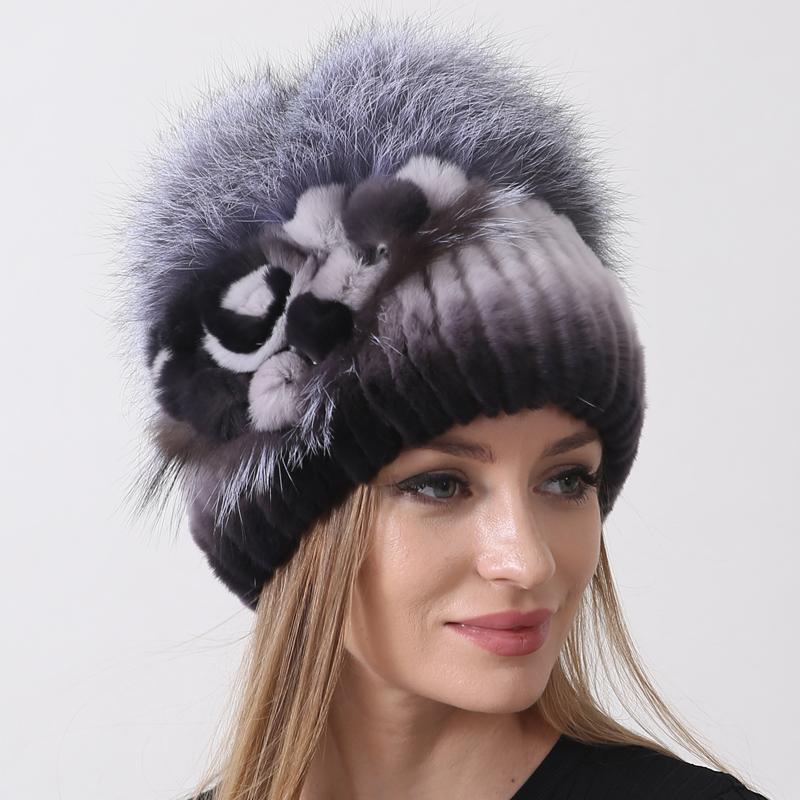 Natural Fluffy Fox Rabbit Fur Hats for Women Winter Knit Floral Striped Elastic Stylish Fashion Warm Thick Outdoor Skull Beanie
