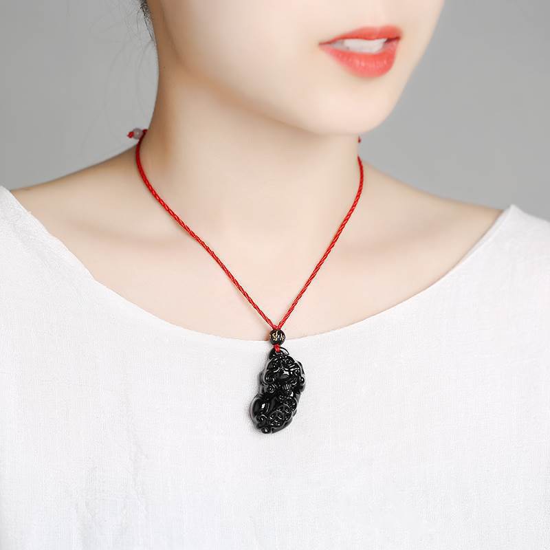 Natural Black Obsidian Pixiu Pendant Men's Necklace Women's Crystal Pendant Buddhist Bead Jewelry