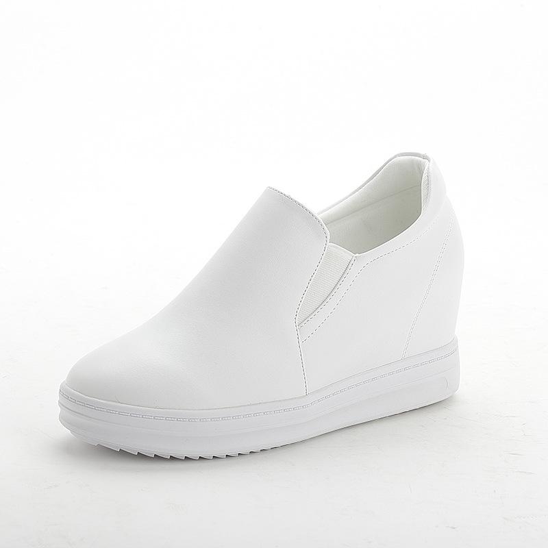 2019 Spring Women's Genuine Leather Slip-On White Shoes with Raised Heels – Korean Style, Versatile, Slim, Breathable, Casual.