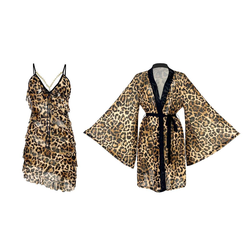Сексуальный комплект из двух предметов пижамы с леопардовым принтом для женщин: топ-камзол и халат. Одежда для дома 940. Смелый, модный, для сна. Идеально для стильного отдыха.