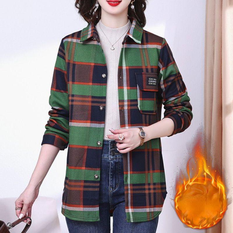 Шикарная женская рубашка с длинным рукавом в клетку — уютная утолщенная ткань, воротник-поло, идеально подходит для осеннего и зимнего гардероба