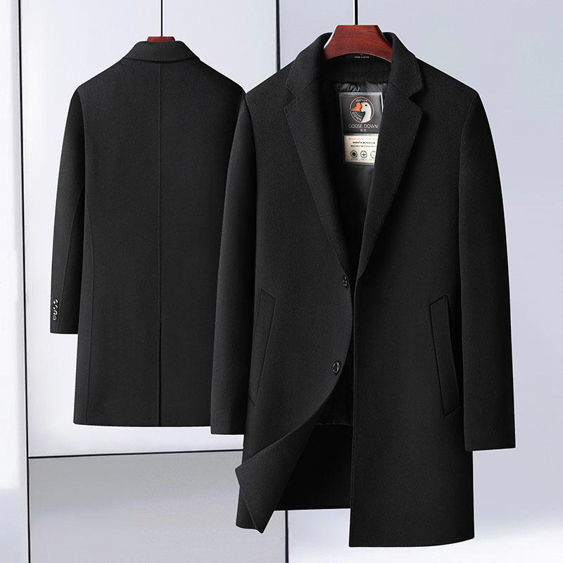 Зимнее мужское шерстяное пальто с подкладкой из гусиного пуха, средней длины, с воротником-стойкой, двухстороннее шерстяное пальто
