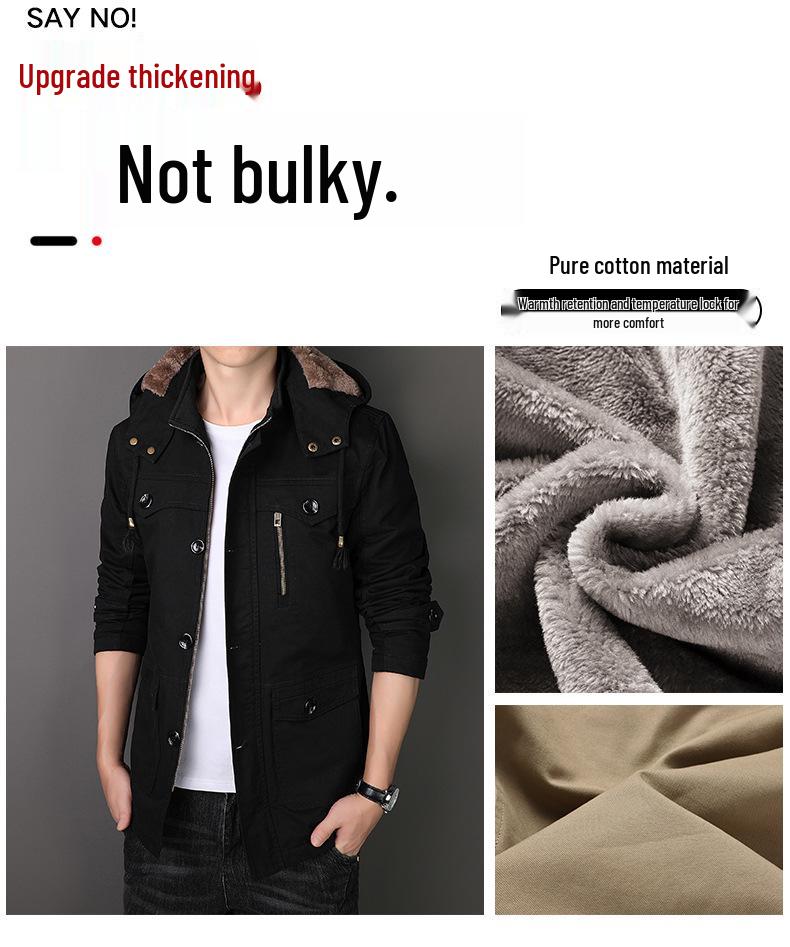 Мужская ветровка средней длины на флисовой подкладке: Теплая толстая куртка с капюшоном на хлопковой подкладке для осени и зимы