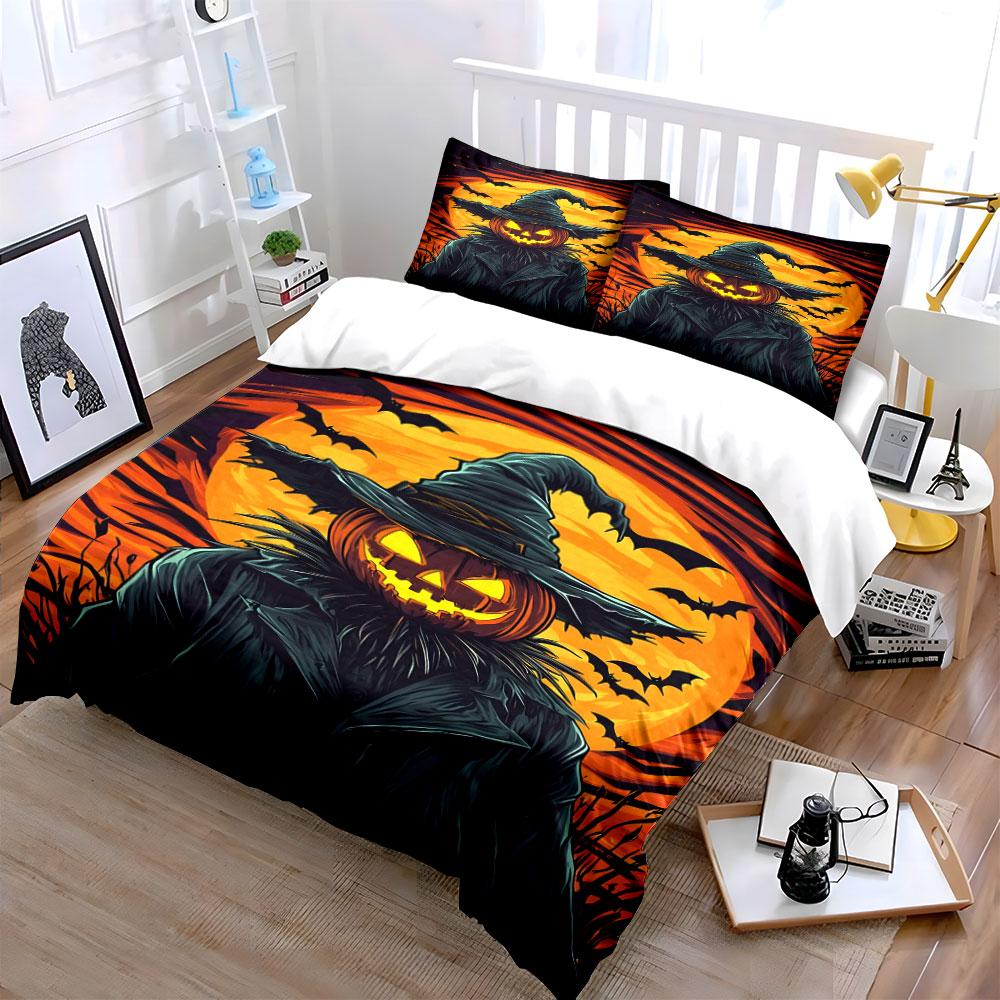 Pumpkin scarecrow, bats, moon. Bedding sets Duvet cover sets Duvet covers Pillowcases(1* Duvet Cover 2* Pillowcases without duvet insert)