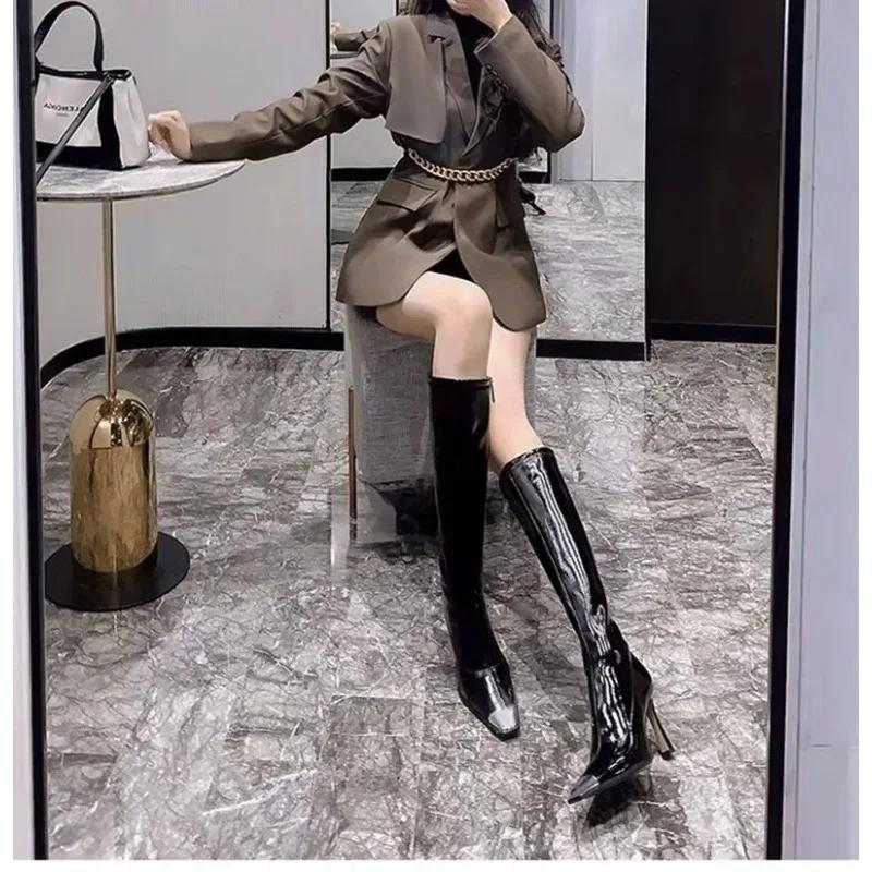 Новые зимние женские сапоги на высоком каблуке до колена, сексуальные заостренные носки, длинные ботильоны, туфли для вечернего платья, женская обувь