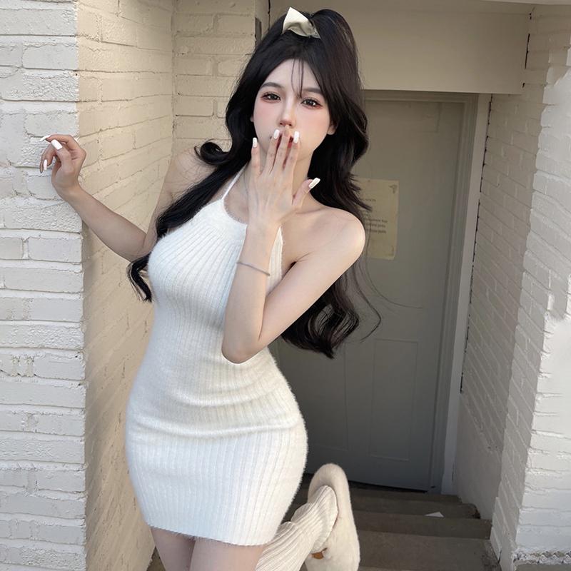 Полое облегающее мини-платье с открытой спиной и лямкой на шее, женское однотонное платье-футляр без рукавов для уличного клуба и вечеринки