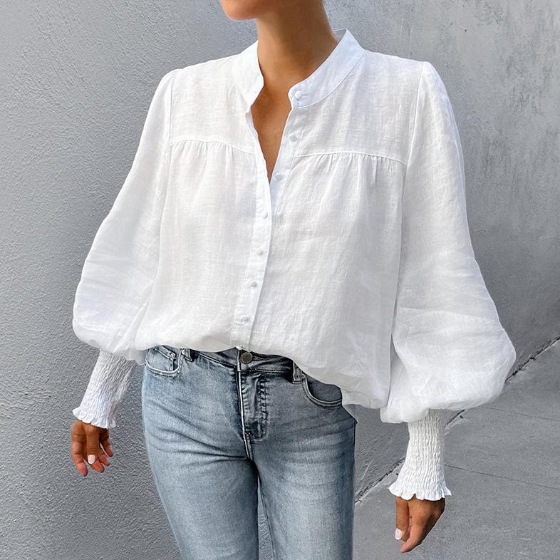 French small stand-up collar bubble sleeve cotton and linen women's shirt 1116 European and American spring new wholesale fashion top