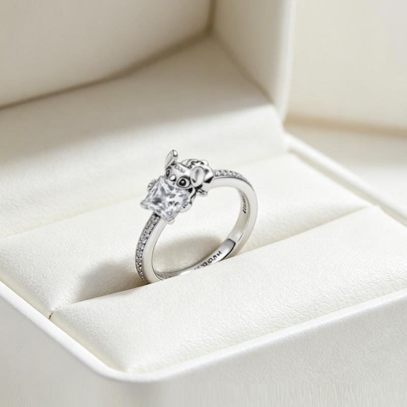 New Stitch Cute Cartoon Ring Cross-border Foreign Trade Shining Diamond Pink Blue and White Ring