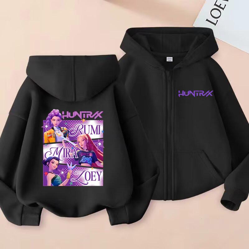 K-Pop Охотники на демонов Куртка на молнии Руми Мира Зои Мультяшный принт Детская одежда Повседневная верхняя одежда Пальто с капюшоном Одежда для девочек Подарок