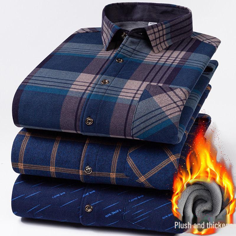 Men's Elastic Non-Iron Plaid Shirt - Warm, Thickened, Long-Sleeved for Casual or Business Wear In Autumn and Winter.