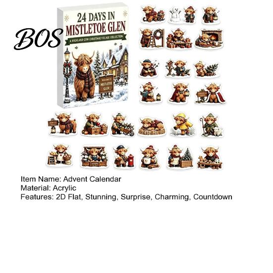 Holiday Countdown Gift Box 2026 Christmas Highland Cow Advent Calendar, 24 Pcs 2D Flat Acrylic Winter Wonderland Desk Decor Farmhouse Animal