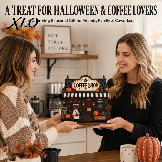 Autumn Seasonal Home Decor Wooden Halloween Coffee Bar Sign, Fall Harvest Tabletop Plaque with Pumpkin Accessories for Ghost Cat, Retro Shop Ornament