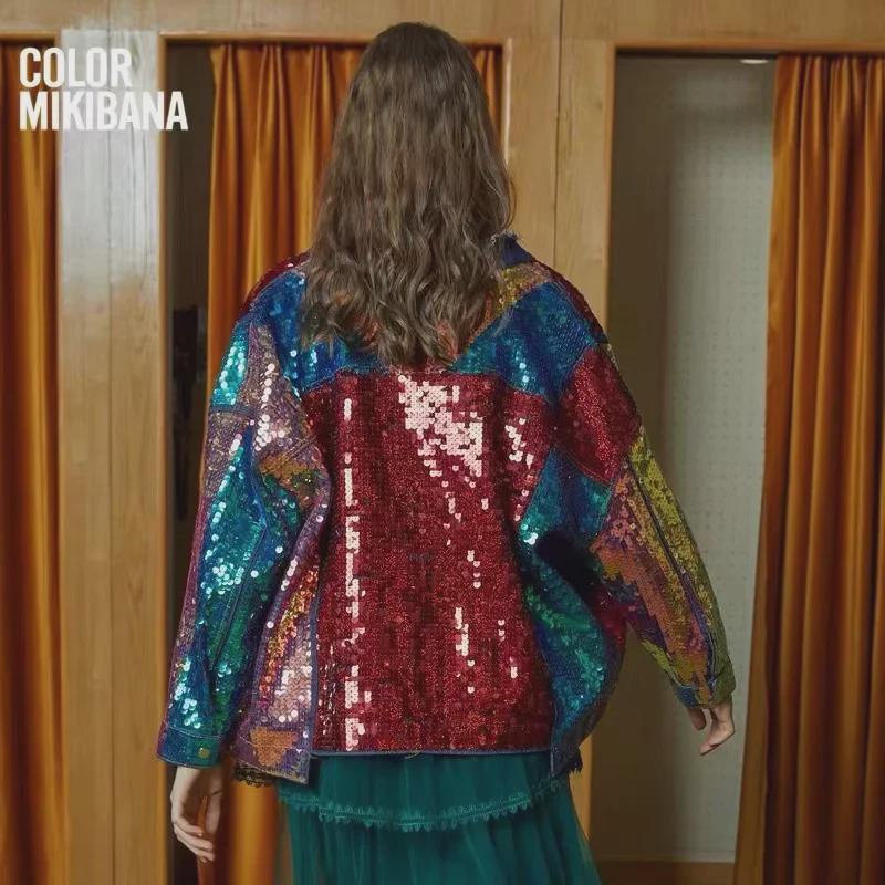 2024 New Arrival: Loose Retro Hong Kong Style Sequined Denim Jacket for Spring/Autumn