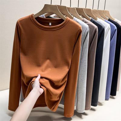 Футболка De Velvet Brushed Solid Color Versatile с круглым вырезом и длинными рукавами для женщин, осенне-зимняя теплая базовая рубашка с внутренним слоем
