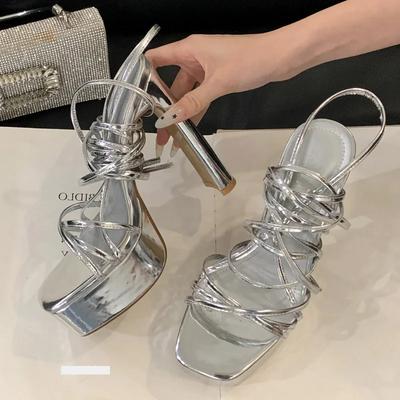 Летняя мода узкие босоножки на шнуровке с квадратным носком женские туфли на платформе высокие каблуки для вечеринок