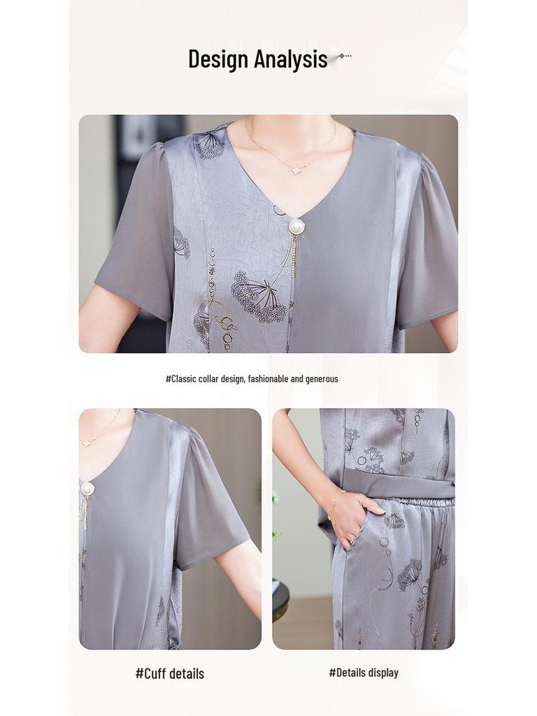 Стильный шифоновый летний костюм-двойка для мамы – с коротким рукавом, больших размеров, для женщин среднего и пожилого возраста.