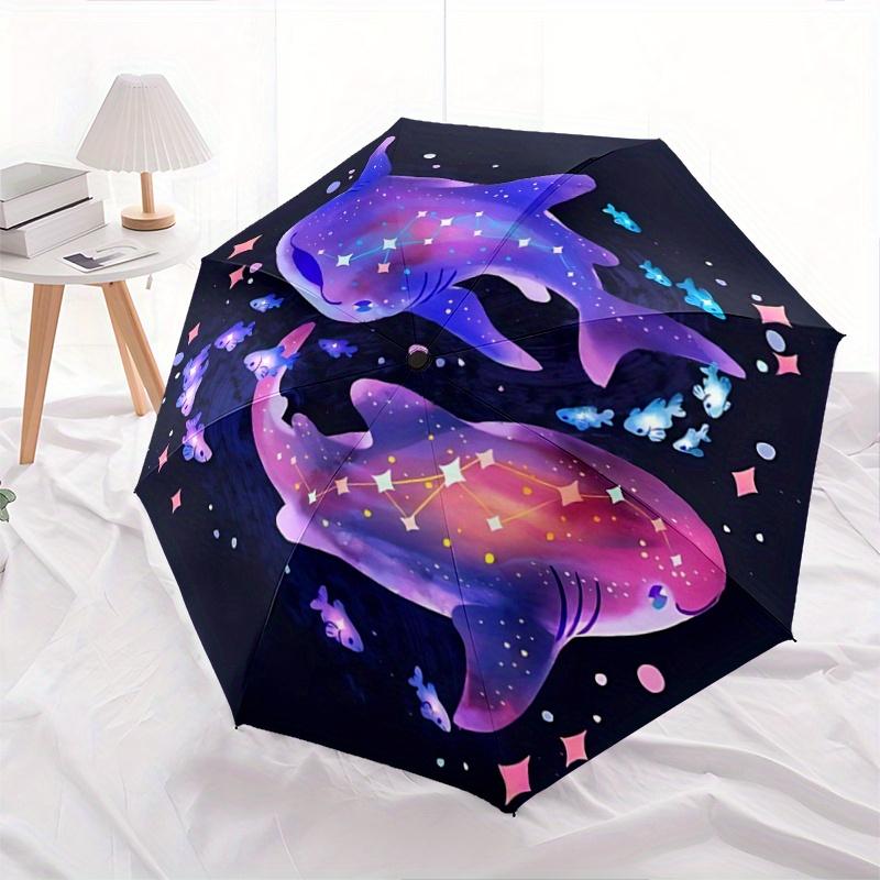 1pc Two Whale Sharks Cartoon Umbrella, Portable 3-Fold Compact Umbrella, Suitable for Camping, Hiking and Travel, Ideal Easter Birthday Gift for