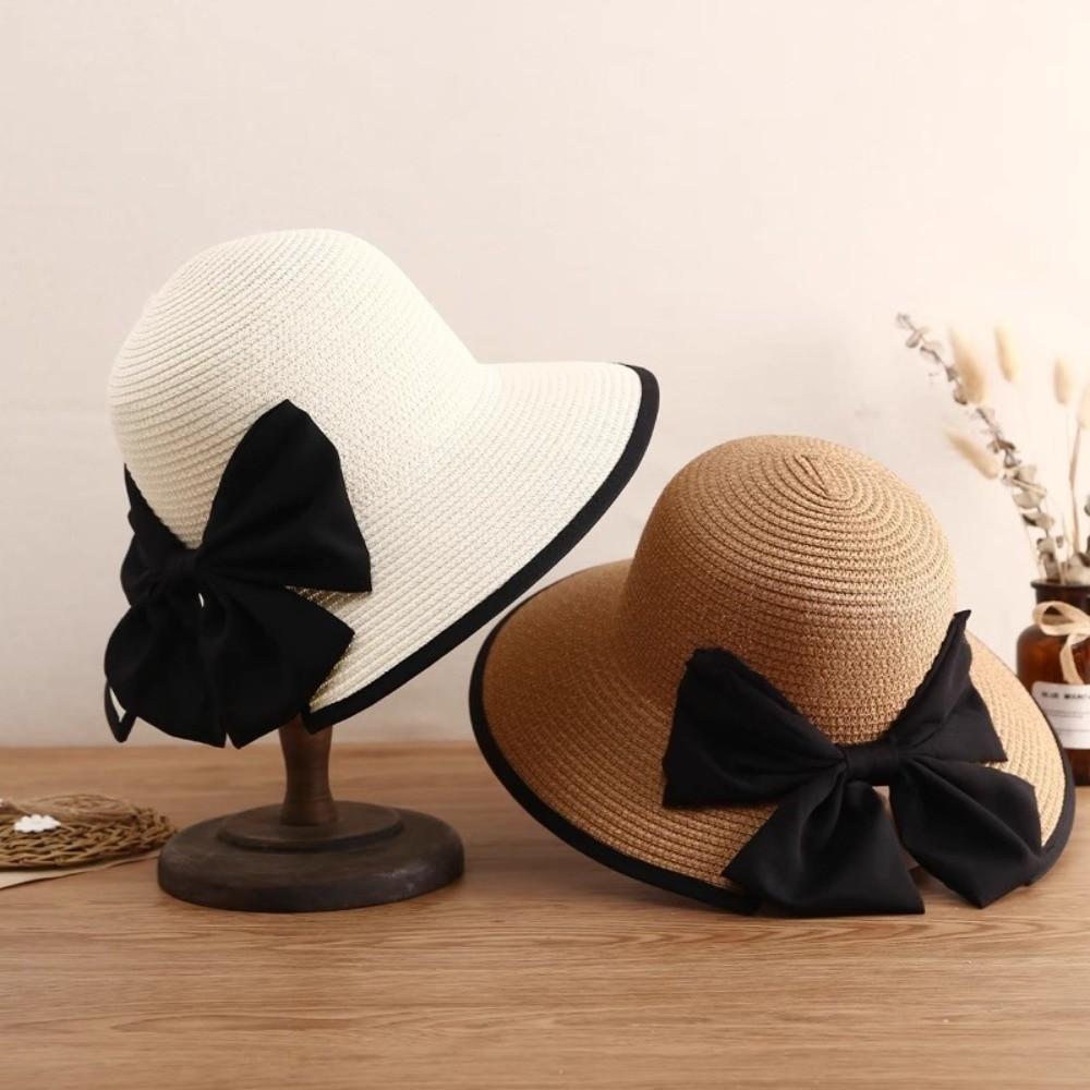 Large Bow Straw Weave Sun Hat Wide Brim Bowknot Sun Cap Fashion Sunscreen Bucket Hat Climbing