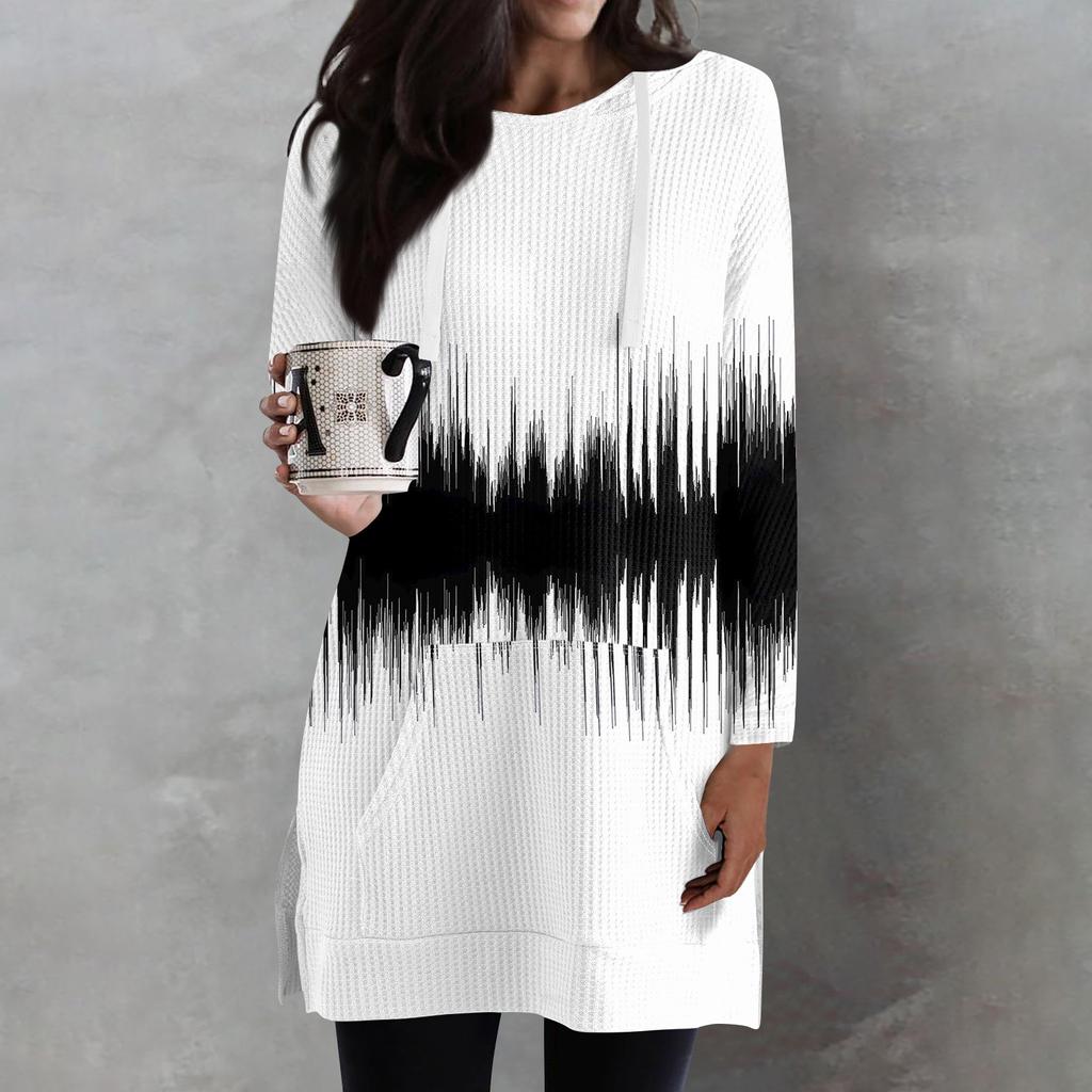 Женские свободные рубашки с принтом, длинные рукава, толстовки с завязками, трикотажные туники с боковыми разрезами, топы с капюшоном и карманом