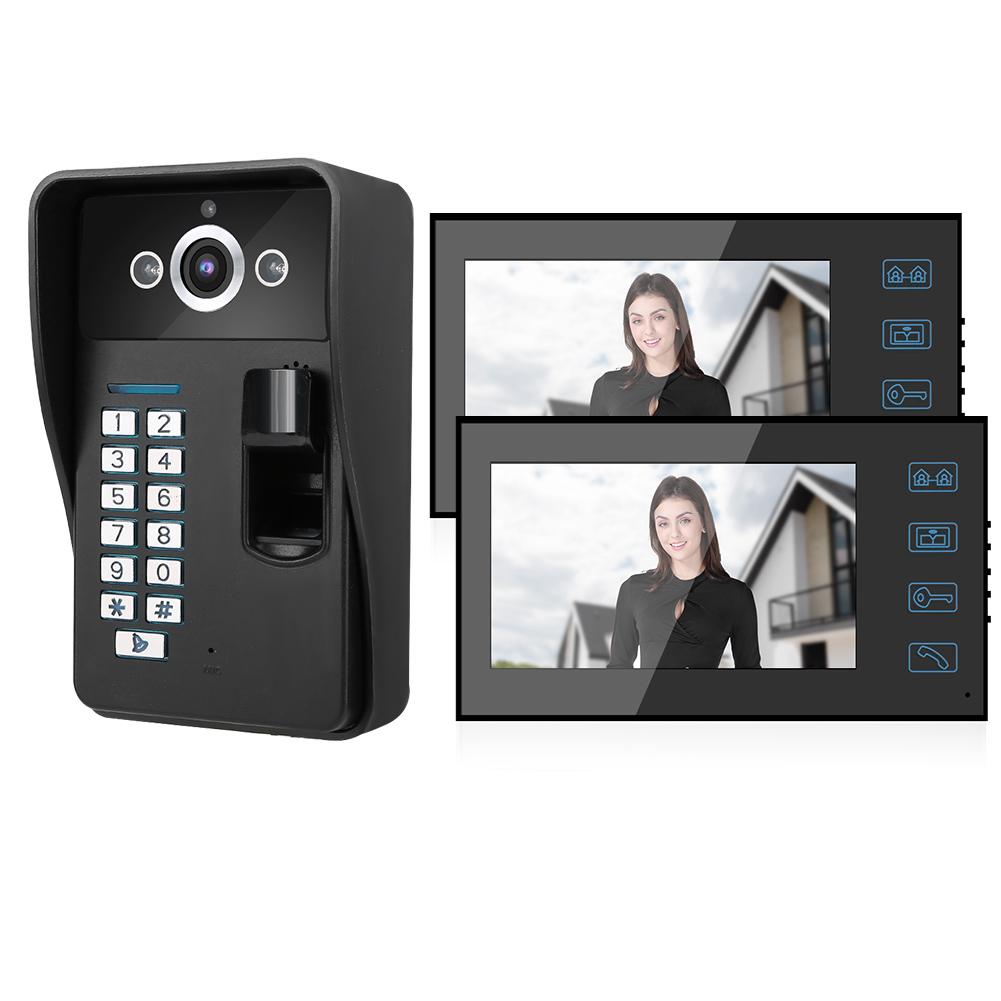 7in Fingerprint RFID Password Video Intercom 2 Monitor Wired Doorbell Access System100-