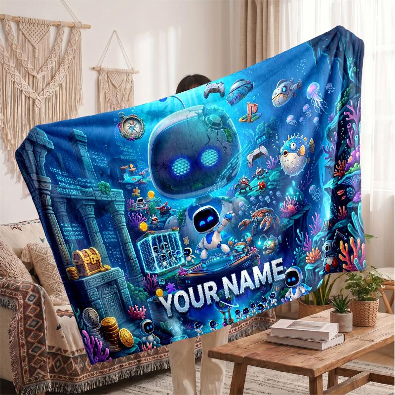 Astro Bot Personalized Flannel Blanket, Custom Printed Text Name, Warm Soft Blanket For Couch Bed