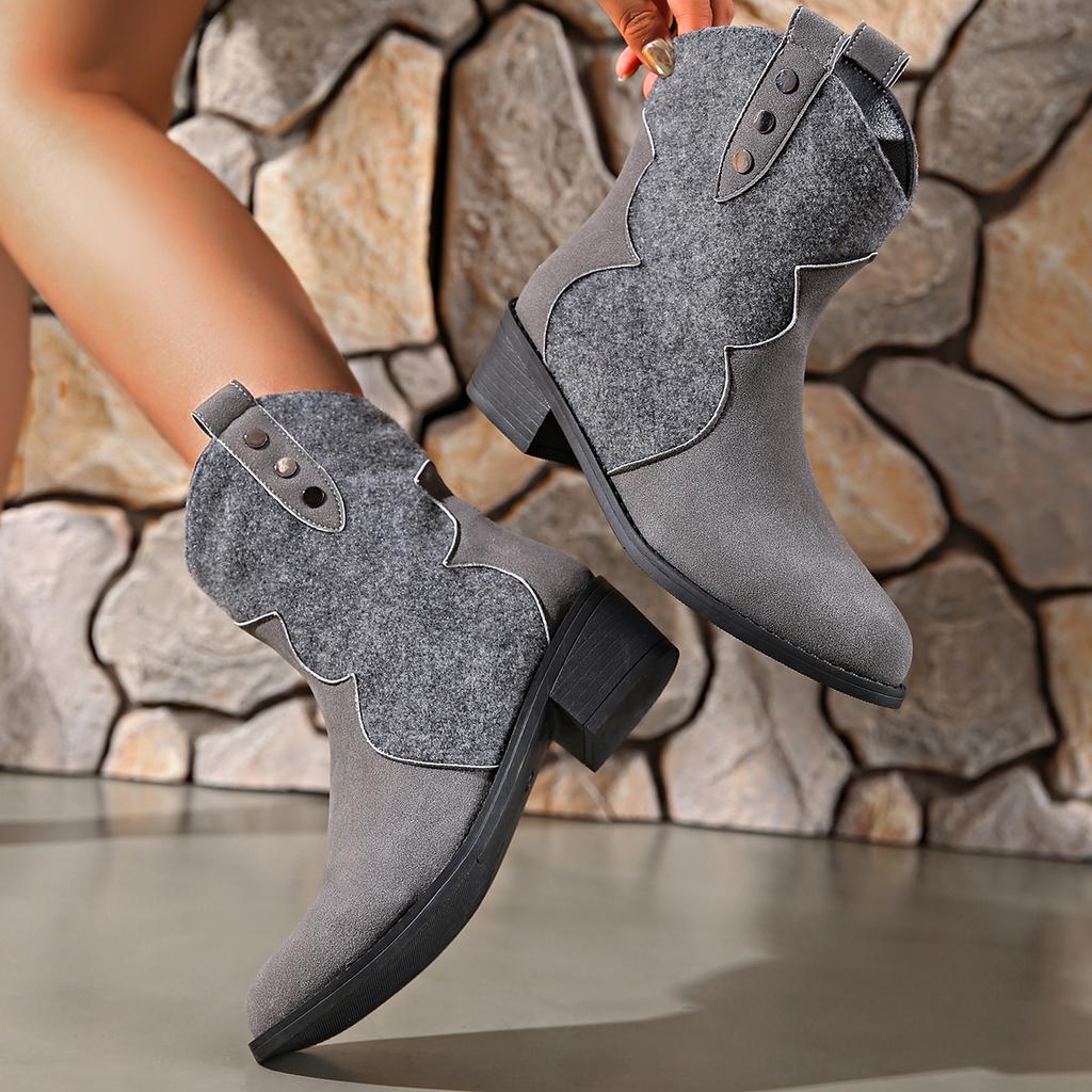 New Style Women's Summer Retro Round Toe Chunky Heels Suede Western Boots with Hollow Design and Rivets Cowboy Boots Shoes
