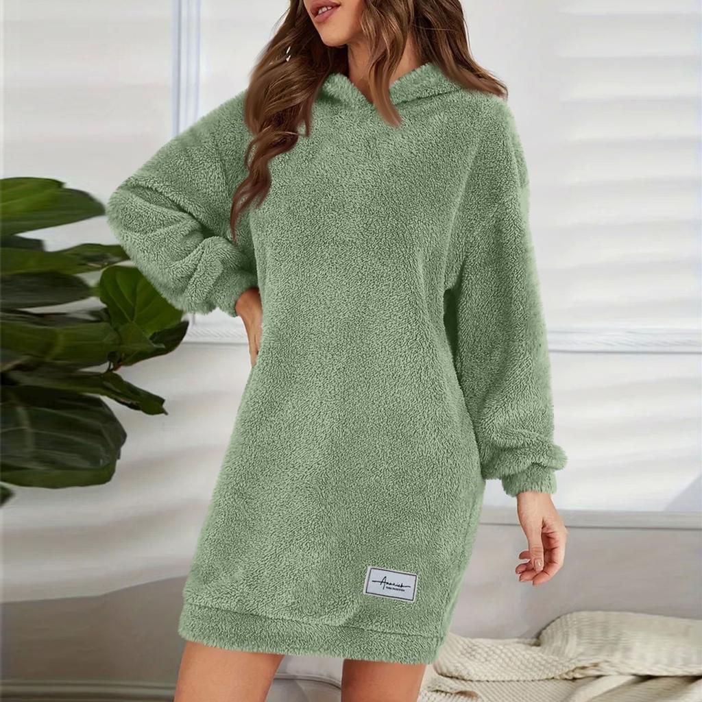Women's Fashion Hooded Long Sleeve Plush Dress Solid Color Casual Sweatshirt