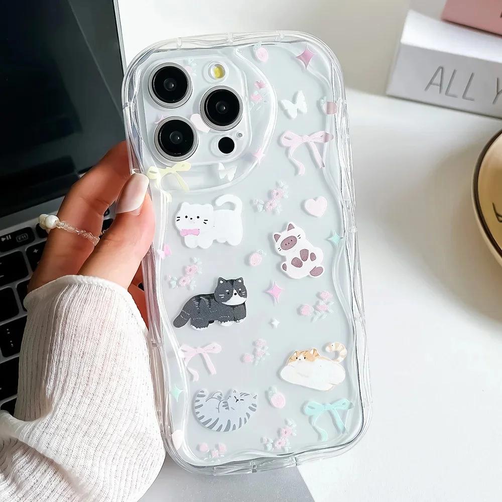 Милый бант Сладкий кот Прозрачный чехол Для Google Pixel 10 9 Pro XL9 8 7 Pro 5G Pixel 7A 8A Волна Чехол С мультяшным браслетом-цепочкой на запястье