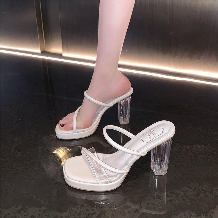 High heels women's outer wear new summer transparent sandals one word with thick heel crystal heel cool slippers women's shoes