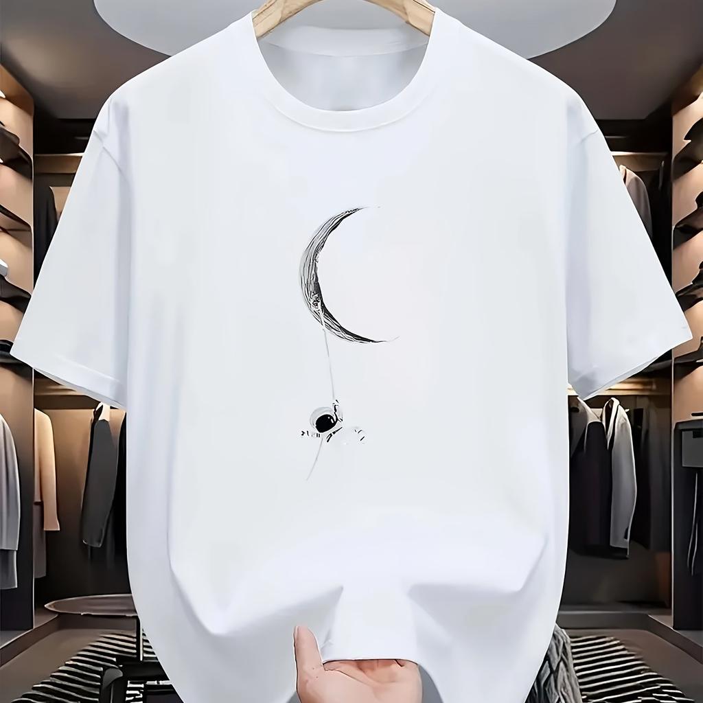 Мужская летняя модная повседневная футболка свободного кроя из 100% хлопка с принтом в виде луны и космонавта, спортивная, с круглым вырезом и коротким рукавом