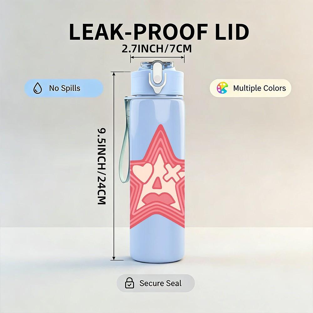 1PC Pink Star Embroidery Design 750ml Color Plastic Sports Water Bottle Leakproof Flip Straw Lid Suitable for Sports Office Home Use