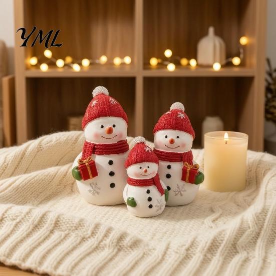 Seasonal Home Decor Christmas Resin Snowman Figurine, Cute Family of 3 Statue with Santa Unique Presents Hat, Red Scarf, Holiday Tabletop Ornament for