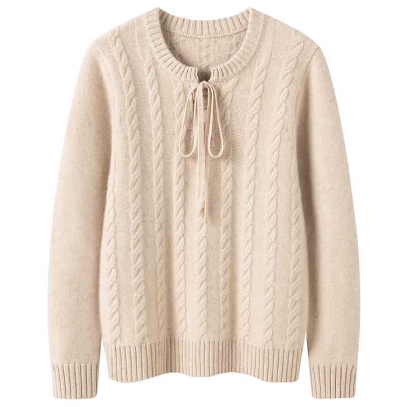 Women's Autumn/Winter 2026 Cashmere Cable Knit Lace-Up Sweater - Round Neck, Loose Fit, Slimming, Gentle Style.