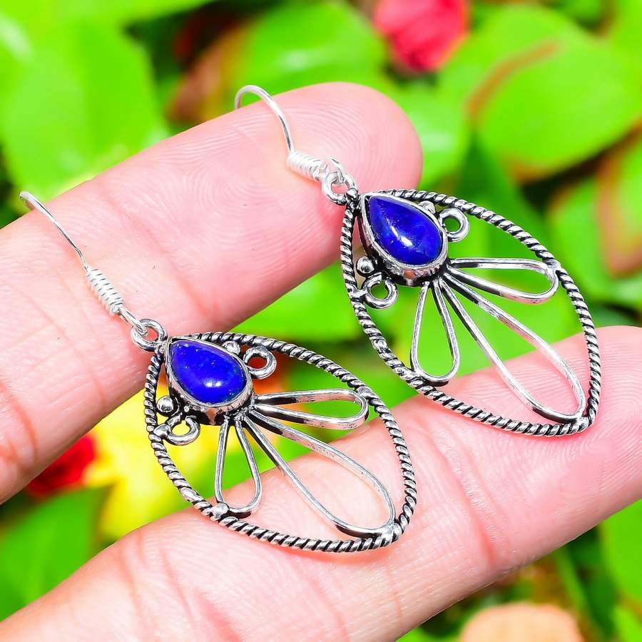Lapis Lazuli Gemstone Handmade 925 Sterling Silver Jewelry Earring 2.01" P6U88