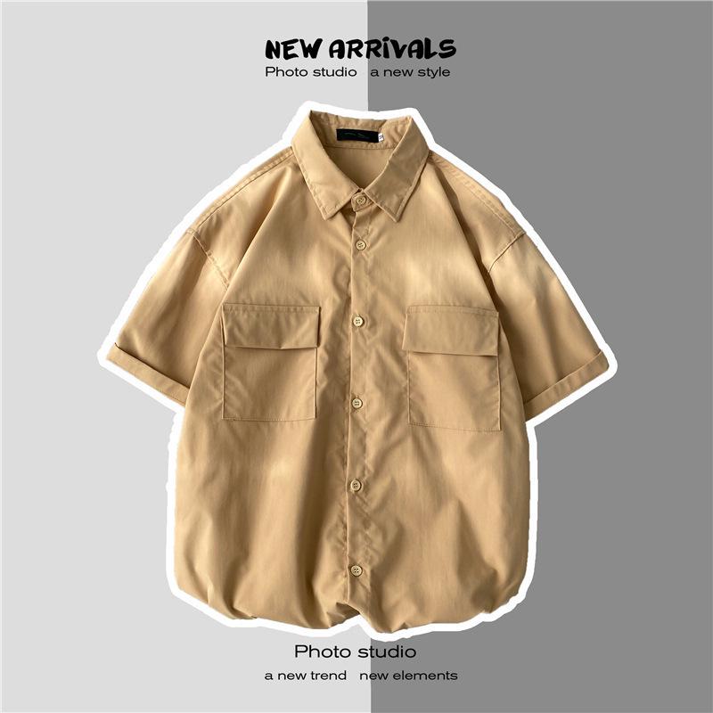 Мужская повседневная рубашка в гонконгском стиле с коротким рукавом и двойными карманами