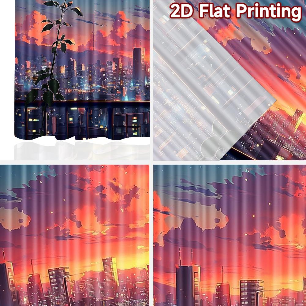 2D плоская печать 2 шт. Оконные занавески Аниме Город Роз Закат Цифровая печать Полиэстеровые занавески Праздничные украшения Идеально для