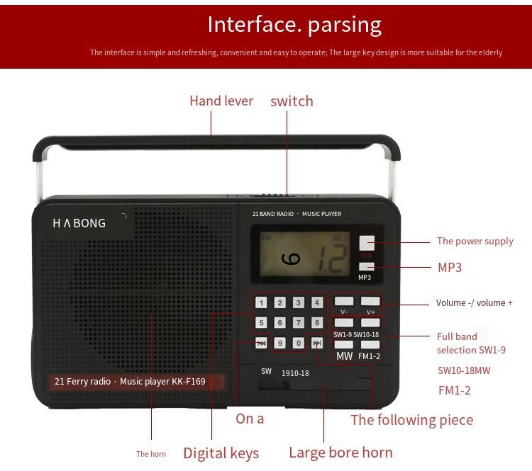 Перезаряжаемое радио FM/AM/полнодиапазонная TF-карта U-диск с фонариком Полупроводниковое радио Батарея большой емкости Цифровой плеер Подарок для пожилых людей