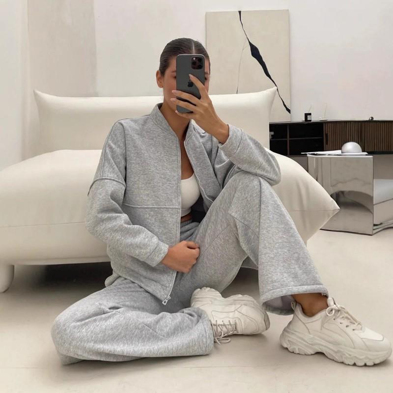 Womens Casual 2-Piece Set: Solid Color Long Sleeve Zip-Up Jacket Elastic Waist Pants Streetwear 2025