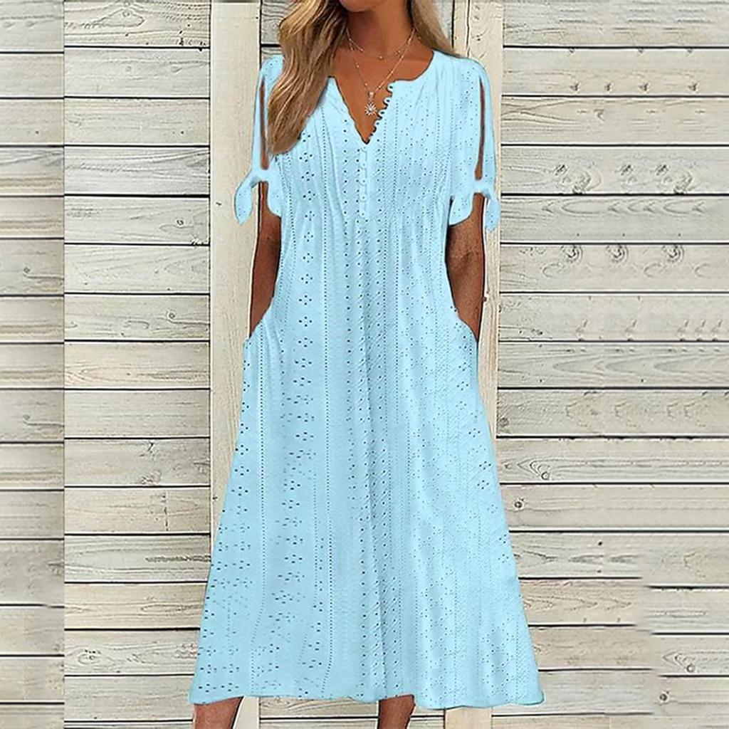 Women's Fashion Casual Solid Color Round Neck Button Off Shoulder Short Sleeve Pocket Dress